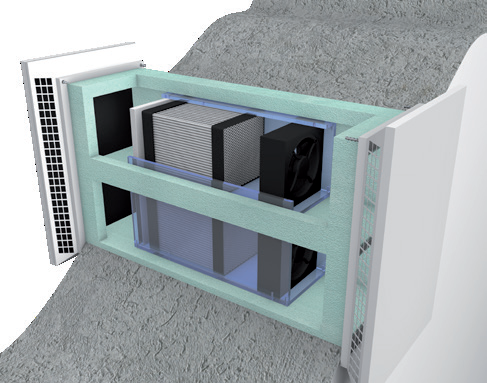 AIRUNIT GEMINI twin technology heat recovery ventilation unit shown within an external wall